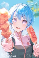  1girl akiha_school_uniform artist_logo bang_dream! bang_dream!_our_notes bang_dream!_yumemita blue_hair blue_sky commentary_request copyright_name corn_dog fingernails food food_on_face highres holding holding_food logo long_sleeves looking_at_viewer minetsuki_ritsu mochipuyo_(canvas_mochi) open_mouth school_uniform short_hair signature sky solo upper_body violet_eyes 