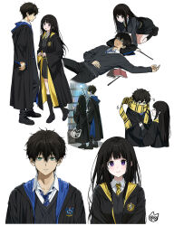  1boy 1girl :d all_fours artist_logo black_robe black_shoes black_socks black_sweater blonde_hair blue_necktie blue_robe blush book breasts chitanda_eru commentary_request dress_shirt from_side green_eyes highres holding holding_wand hyouka kneehighs library logo long_hair long_sleeves looking_at_viewer lying mery_(yangmalgage) multiple_views necktie on_back oreki_houtarou pleated_skirt robe scarf school_uniform shirt shoes short_hair simple_background skirt smile socks sweater two-sided_fabric two-sided_robe violet_eyes wand white_background white_shirt yellow_necktie yellow_shirt 