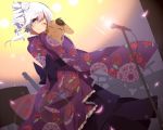  1girl cherry_blossoms drill_hair japanese_clothes kimono lens_flare looking_back microphone mishima_kurone petals white_hair wink 