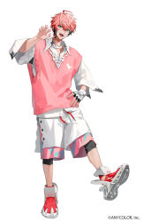  1boy akagi_wen akagi_wen_(1st_costume) black_hair black_leggings blue_eyes claw_pose collared_shirt commentary company_name copyright_notice crossed_bangs fingerless_gloves full_body gloves hand_on_own_hip highres leggings long_sleeves looking_at_viewer lowro_(en) multicolored_hair nijisanji official_art pink_shorts pink_sweater_vest red_hair red_shoes second-party_source shirt shoes short_hair shorts simple_background solo sweater_vest virtual_youtuber white_background white_shirt white_shorts wide_sleeves 