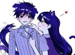 1boy 1girl 53cnd animal_ears antenna_hair blush bright_pupils cat_ears cat_girl cat_tail closed_mouth collared_pajamas colored_skin commentary_request dog_boy dog_ears dog_tail flying_sweatdrops hair_behind_ear hair_between_eyes hero_(headspace)_(omori) hero_(omori) highres kemonomimi_mode korean_commentary long_hair long_sleeves looking_at_another mari_(headspace)_(omori) mari_(omori) omori open_mouth pajamas purple_hair short_hair simple_background striped_clothes striped_pajamas tail teeth upper_teeth_only vertical-striped_clothes vertical-striped_pajamas violet_eyes white_background white_pupils white_skin 