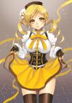  1girl beret blonde_hair corset drill_hair fingerless_gloves gloves hat iria_(yumeirokingyo) mahou_shoujo_madoka_magica skirt skirt_lift solo thighhighs tomoe_mami twin_drills yellow_eyes 