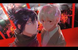  2boys black_border black_hair border brown_jacket closed_mouth dress_shirt floating_hair from_side hair_between_eyes highres jacket letterboxed looking_at_viewer looking_to_the_side male_focus multiple_boys nezumi_(no.6) no.6 red_eyes shion_(no.6) shirt short_hair sidelocks upper_body white_hair white_shirt zxs1103 