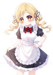  1girl :o alternate_costume apron back_bow black_dress blonde_hair bow bowtie buttons chinese_commentary collared_dress commentary_request contrast_collar cowboy_shot dot_nose dress drill_hair enmaided flower_hairpin frilled_apron frilled_dress frills hand_on_own_hip highres holding_own_dress light_blush long_hair mahou_shoujo_madoka_magica mahou_shoujo_madoka_magica_(anime) maid open_mouth puffy_short_sleeves puffy_sleeves red_bow red_bowtie shimo_shiina short_dress short_sleeves signature simple_background solo standing tareme tomoe_mami twin_drills white_apron white_background white_bow white_wrist_cuffs wrist_cuffs yellow_eyes 