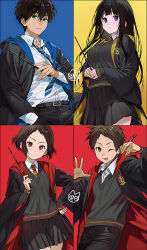  2boys 2girls artist_logo belt black_hair black_pants black_robe black_sweater blonde_hair blue_necktie blue_robe breasts brown_eyes brown_hair chitanda_eru closed_mouth column_lineup commentary_request dress_shirt fukube_satoshi green_eyes grid_lineup hand_in_pocket hand_on_own_hip holding holding_wand hyouka ibara_mayaka logo long_hair long_sleeves looking_at_viewer mery_(yangmalgage) multiple_boys multiple_girls necktie one_eye_closed open_clothes open_hand open_robe oreki_houtarou pants pleated_skirt red_eyes red_necktie red_robe robe shirt short_hair skirt sweater two-sided_fabric two-sided_robe violet_eyes wand white_shirt yellow_necktie 