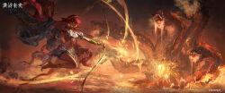  1girl absurdres aiming anklet archery arm_guards arrow_(projectile) battle blue_shawl bow_(weapon) chinese_commentary clenched_teeth commentary_request copyright_name copyright_notice cropped_shirt drawing_bow floating_hair full_body gold_choker hedone_(reverse:1999) highres holding holding_arrow holding_bow_(weapon) holding_weapon jewelry lava logo long_hair monster navel official_art red_hair reverse:1999 running shawl shirt skirt sleeveless sleeveless_shirt solo stomach teeth v-shaped_eyebrows very_long_hair weapon white_shirt white_skirt wide_shot yellow_eyes 