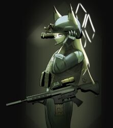  1girl absurdres animal_ear_fluff animal_ears assault_rifle blue_archive bulletproof_vest combat_helmet commentary dog_ears dog_girl ears_through_headwear english_commentary from_side gloves green_theme gun halo helmet highres jacket kanna_(blue_archive) long_hair night_vision_device pants profile rifle schale120 scope solo suppressor weapon 