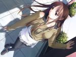  1girl anklet black_legwear breasts brown_eyes brown_hair dutch_angle from_above game_cg hashimoto_takashi hiiragi_ayumi jewelry leggings long_hair looking_away necklace off-shoulder_sweater outdoors payot shadow sleeves_past_wrists solo sweater white_breath 