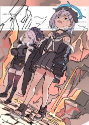  2girls absurdres ahoge beret black_boots black_coat black_eyes black_hat black_horns black_jacket black_sailor_collar black_shirt black_shoes black_skirt blue_archive boots closed_mouth coat collarbone dripping_eye drooling dutch_angle fur-trimmed_coat fur_trim furrowed_brow grey_hair halo haruyuki_(gffewuoutgblubh) hat highres hina_(blue_archive) horns jacket jacket_partially_removed lava long_hair long_sleeves looking_afar looking_at_another miniskirt mouth_drool multiple_girls neckerchief off_shoulder open-toe_shoes open_mouth parted_bangs pleated_skirt request_inset sailor_collar school_uniform serafuku shirt shoes short_hair skirt sleeveless sleeveless_shirt slumped standing sumika_(blue_archive) sweat violet_eyes volcano walking white_neckerchief 