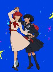  2girls black_eyes black_hair black_sailor_collar black_serafuku black_shirt black_shoes black_skirt black_socks blue_background boxing_gloves braid brown_shoes closed_eyes closed_mouth collared_dress commentary dancing dress empty_(neyo) flower hair_flower hair_ornament highres lara_(sayonara_lara) long_hair low-braided_long_hair low-tied_long_hair multiple_girls neckerchief ootsu_mari open_mouth red_hair sailor_collar sayonara_lara school_uniform serafuku shirt shoes short_hair single_braid skirt smile socks very_long_hair white_flower white_socks yuri 