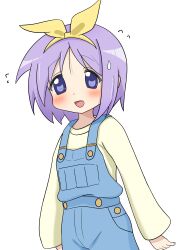  1girl :d absurdres blue_eyes blue_overalls blush bow bow_hairband commentary_request cowboy_shot flat_chest flying_sweatdrops hairband highres hiiragi_tsukasa long_sleeves looking_at_viewer lucky_star medium_hair meisoochuu open_mouth overalls parted_bangs shirt sidelocks simple_background smile solo standing sweat white_background yellow_bow yellow_hairband yellow_shirt 
