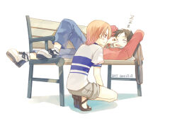  1boy 1girl alternate_costume artist_name bat_(coumori) black_hair blue_pants blush brown_eyes closed_mouth commentary dated denim grabbing_another's_nose grey_shorts hood hood_down hoodie jeans knee_up long_sleeves looking_at_another lying monkey_d._luffy nami_(one_piece) nose_pinch on_back on_bench one_piece orange_hair pants pinching_another's_nose red_hoodie sandals scar scar_on_cheek scar_on_face shirt shoes short_hair short_sleeves shorts sleeping sneakers squatting white_background white_shirt zzz 