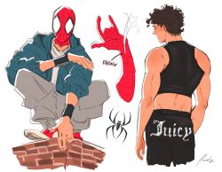  1boy artist_name bare_shoulders black_hair blue_jacket brick_wall bug cowboy_shot crop_top english_text fedzz_z from_behind full_body gloves highres hood hood_down hooded_jacket jacket marvel mask multiple_views muscular muscular_male pants peter_parker shirt short_hair signature silk sleeve_pushed_up spider spider-man spider-man:_brand_new_day spider-man_(series) spider_web spider_web_print squatting standing t-shirt very_short_hair white_background wristband 