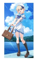  1girl :d absurdres akatsuki_kirika bag beret black_socks blonde_hair blue_bow blue_bowtie blue_sailor_collar blurry blurry_background border bow bowtie brown_bag brown_shoes clouds cloudy_sky commentary_request floating_clothes full_body green_eyes hair_between_eyes hat hat_bow highres holding holding_bag kneehighs loafers looking_at_viewer nyanmaru open_mouth outdoors pleated_skirt sailor_collar school_uniform senki_zesshou_symphogear serafuku shirt shoes short_hair short_sleeves skirt sky smile socks solo sunlight water white_border white_hat white_shirt white_skirt 