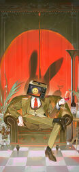  1boy absurdres black_shoes black_socks bottle braun_(gwechul) commentary_request cup different_shadow drink drinking_glass gloves gwechul highres holding holding_drink korean_commentary long_sleeves necktie object_head plant potted_plant red_necktie sallsall_00 shoes sitting socks suit vest waistcoat white_gloves wine_bottle wine_glass 