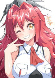  +++ 1girl artist_name ascot breast_pocket breasts cocoa_(cocoa0191) grin hair_intakes headgear kantai_collection large_breasts long_hair military_uniform one-hour_drawing_challenge phoenix_(kancolle) pocket red_ascot red_hair sleeveless sleeveless_jacket smile solo upper_body v wavy_hair yellow_eyes 