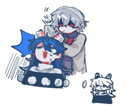  ... 2girls :3 anger_vein angry black_capelet blue_hair bow bowtie capelet closed_mouth commentary doremy_sweet dress grey_hair grey_jacket grey_wings highres jacket kishin_sagume l_fzxxxx long_hair multiple_girls open_clothes open_jacket open_mouth pom_pom_(clothes) purple_dress red_bow red_bowtie red_eyes simple_background single_wing spoken_ellipsis touhou white_background white_dress wings 