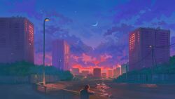  1other ambiguous_gender blue_sky building city clouds cloudy_sky commentary crescent_moon denis_istomin english_commentary from_behind lamppost moon original river scenery sky skyscraper star_(sky) twilight 