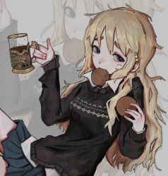  1girl absurdres black_sweater blonde_hair blue_eyes blue_skirt blush commentary cup drinking_glass fffkorobka food food_in_mouth highres holding holding_cup holding_food k-on! kotobuki_tsumugi mouth_hold pleated_skirt shirt skirt solo stroopwafel sweater tea teacup thick_eyebrows wafer_stick waffle white_shirt 