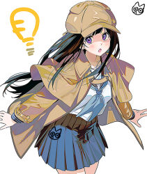  1girl artist_logo black_hair blue_neckerchief blue_skirt brown_capelet brown_coat brown_hair capelet chitanda_eru coat commentary_request hyouka kimi_ni_matsuwaru_mystery logo long_hair long_sleeves looking_at_viewer mery_(yangmalgage) neckerchief open_mouth pleated_skirt school_uniform shirt simple_background skirt solo violet_eyes white_background white_shirt 