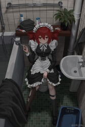  1girl absurdres apron artist_name asymmetrical_legwear basket bathtub black_dress black_shoes blush cigarette cigarette_pack closed_mouth collar commentary_request dot_nose double-parted_bangs dress drill_hair folded_clothes frilled_apron frills full_body hair_between_eyes highres hofuuuuuunny holding holding_cigarette indoors juliet_sleeves kasane_teto long_sleeves looking_at_viewer maid maid_apron maid_headdress mismatched_legwear plant potted_plant puffy_sleeves red_eyes red_hair ringed_eyes shoes sidelocks sink solo tile_floor tile_wall tiles toilet toothpaste torn_clothes twin_drills utau white_collar wing_collar 