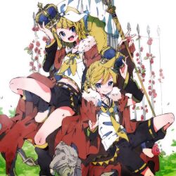  1boy 1girl :d arm_warmers belt black_arm_warmers black_leg_warmers black_shorts blonde_hair blue_eyes bow_hairband brother_and_sister closed_mouth commentary_request crown double-parted_bangs hair_between_eyes hair_ornament hairband hairclip hazime holding holding_staff kagamine_len kagamine_rin leg_warmers looking_at_viewer neckerchief necktie open_mouth parallel_hairclips shirt short_hair short_shorts shorts siblings sitting sleeveless sleeveless_shirt smile staff twins vocaloid white_hairband white_shirt yellow_belt yellow_neckerchief yellow_necktie 