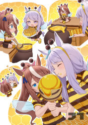  2girls absurdres animal_ears antennae aqua_bow bee_costume bee_wings blue_eyes blush bow brown_hair brown_shorts brown_skirt closed_eyes closed_mouth commentary drooling ear_bow ear_ribbon eating hair_between_eyes hairband heart highres honey honey_dipper honeycomb_(object) horse_ears horse_girl horse_tail insect_wings jtleeklm long_hair mejiro_mcqueen_(umamusume) mouth_drool multicolored_hair multiple_girls open_mouth ponytail purple_hair shorts skirt smile streaked_hair tail tokai_teio_(umamusume) two-tone_hair umamusume untranslatable_commentary violet_eyes white_hair wings yellow_hairband 