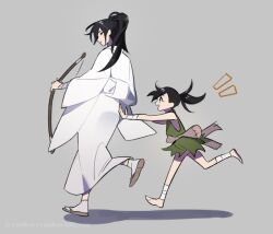  1boy 1girl bandaged_ankle bandaged_wrist bandages black_hair bow_(weapon) comfeer commentary_request dororo_(character) dororo_(tezuka) full_body grey_background high_ponytail holding holding_bow_(weapon) holding_weapon hyakkimaru_(dororo) japanese_clothes kimono looking_at_another ponytail sandals socks torn_clothes walking weapon white_kimono wide_sleeves 