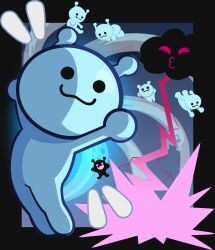  :3 absurdres black_border black_eyes border bullet closed_mouth creature delatoid dodging electricity energy_beam explosion full_body highres laser lightning looking_at_viewer no_humans notice_lines open_mouth outside_border pink_cloud_(rhythm_tengoku) pink_eyes smile solid_circle_eyes warping_alien_(rhythm_tengoku) 