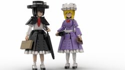 2girls black_capelet black_hat black_shoes black_skirt black_umbrella blonde_hair bow bowtie briefcase camera capelet chinese_commentary commentary_request dress frilled_dress frilled_skirt frills full_body hat hat_bow highres holding holding_camera holding_umbrella lego_(medium) long_sleeves maribel_hearn medium_hair mob_cap multiple_girls necktie pantyhose purple_dress red_bow red_bowtie red_necktie shirt shirt_tucked_in shoes simple_background single-lens_reflex_camera skirt socks touhou umbrella unconventional_media usami_renko white_background white_bow white_hat white_pantyhose white_shirt white_socks yuekechenji_hangkongmujian_cv6 