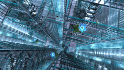  1girl 3d black_hair blue_flower building commentary_request flower from_above highres m_kato nemophila_(flower) original scenery short_hair skyscraper solo standing vanishing_point very_wide_shot 