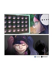  absurdres beanie black_hair black_hat hat hellbell highres long_hair monitor multicolored_hair palworld partially_shaded_face pink_eyes pink_hair player_character_(palworld) split-color_hair twintails two-tone_hair zoe_rayne 