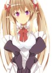  1girl apron blush breasts brown_hair detached_sleeves elf frills highres long_hair looking_at_viewer maid maid_headdress myuseru_foaran outbreak_company page pointy_ears smile solo twintails violet_eyes 