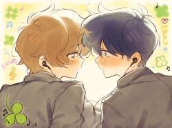  2boys black_hair blue_eyes blush brown_eyes brown_hair commentary ear_blush earphones face-to-face from_behind gakuran ganbare!_nakamura-kun!! highres hirose_aiki koinurin male_focus multiple_boys nakamura_okuto school_uniform shared_earphones short_hair untranslatable_commentary upper_body 