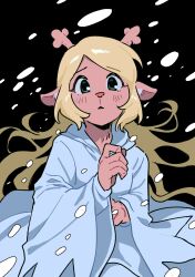  1girl animal_ears antlers black_background black_eyes blonde_hair commentary deer_antlers deer_ears deer_girl deltarune elosia english_commentary furry furry_female highres hooded_robe horns long_hair noelle_holiday noelle_holiday_(dark_world) parted_lips robe snowing solo utdr_(toby_fox) very_long_hair white_robe wide_sleeves 