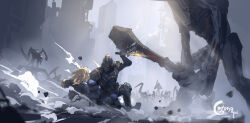  1girl 1other artist_name blonde_hair blue_eyes body_armor check_copyright chigalidepoi chinese_commentary closed_mouth combat_helmet commentary_request copyright_request helldiver_(helldivers) helldivers_(series) helmet highres holding holding_knife injury knife long_hair lying monster on_back ruins scenery seaf_soldier_(helldivers) solo sunlight wide_shot 