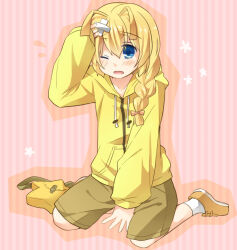  1boy antenna_hair bag bandaid bandaid_on_head between_legs blonde_hair blue_eyes blush bow braid braided_ponytail brown_shorts commentary_request crossed_bandaids drawstring floating_flowers flying_sweatdrops full_body hair_between_eyes hair_bow haiyore!_nyaruko-san hand_between_own_legs hand_on_own_head hastur_(nyaruko-san) hood hood_down hoodie injury invisible_floor long_hair low-tied_long_hair low_ponytail male_focus one_eye_closed open_mouth orange_bow orange_shoes pain pink_background ponytail shinyae shoes shorts shoulder_bag sidelocks sitting sleeves_past_wrists socks solo star-shaped_bag striped_background trap unworn_bag vertical-striped_background wariza white_socks yellow_bag yellow_hoodie zipper 