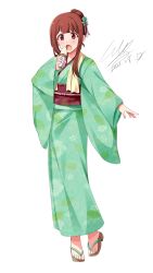  1girl absurdres alternate_hairstyle blunt_bangs commentary_request curtained_hair dated eating floral_print floral_print_kimono flower food full_body green_kimono hair_bun hair_flower hair_ornament highres hizukiayane holding holding_food holding_ice_cream ice_cream idolmaster idolmaster_million_live! idolmaster_million_live!_theater_days japanese_clothes kimono light_blush long_hair obi open_mouth print_kimono red_eyes red_hair sandals sash signature solo straight_hair tanaka_kotoha white_background 
