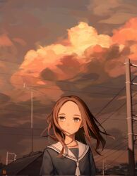  1girl acorn_dongur1 artist_logo brown_hair building colorful_clouds commentary_request forehead grey_eyes grey_shirt highres logo looking_ahead neckerchief orange_sky original outdoors power_lines radio_antenna sailor_collar sailor_shirt shirt sky solo sunset upper_body urban utility_pole white_neckerchief white_sailor_collar 