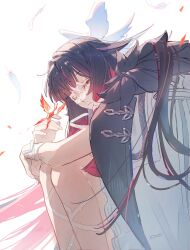  1girl absurdres aiguillette aji_11300913 ankle_strap arm_strap black_hair blunt_bangs bow bug butterfly closed_eyes closed_mouth coat colored_inner_hair columbina_(genshin_impact) commentary_request eye_mask eyelashes falling_feathers fatui_coat feathered_wings feathers feet_out_of_frame fingernails fur-trimmed_coat fur_trim genshin_impact gradient_hair hand_up head_wings highres lapels long_hair mask multicolored_hair multiple_wings open_clothes open_coat pink_hair red_butterfly sidelocks simple_background sitting solo two-tone_hair very_long_hair white_background white_bow white_coat white_feathers white_mask wings wrist_bow 