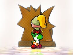  1boy 1girl artist_name beanie blonde_hair brown_coat coat crown facing_away from_behind full_body gloves goombella green_scarf green_shirt hat highres jacket linker mini-yoshi paper_mario:_the_thousand-year_door paper_mario_(series) ponytail red_hair scarf shirt shoes simple_background standing star_(symbol) star_wand super_mario_bros. super_mario_bros._1 white_background yoshi 