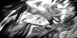  1girl absurdres angel_(killer_chat) arched_back blood blood_splatter blue_eyes cosplay cowboy_shot faust_(project_moon) faust_(project_moon)_(cosplay) frilled_shirt frills gloves highres holding holding_polearm holding_weapon killer_chat! lance looking_at_viewer outstretched_arm overlighting parody parted_lips polearm ring_(identity)_(project_moon) shirt solo spot_color tank_top tsukikos variant_set weapon white_tank_top 