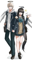  1boy 1girl :d ^_^ absurdres alternate_costume anger_vein annoyed aqua_bow aqua_bowtie aqua_eyes arknights arm_hug bag black_hair black_halo black_pants black_shoes black_skirt black_socks blazer blonde_hair blunt_bangs bow bowtie brown_sweater_vest clenched_hands closed_eyes collared_shirt commentary crossed_bangs detached_wings drawstring english_commentary executor_(arknights) hair_between_eyes halo highres hood hood_down hoodie jacket lapels long_hair long_sidelocks long_sleeves miniskirt mole mole_under_eye notice_lines open_clothes open_jacket open_mouth pants pleated_skirt school_uniform shirt shoes short_hair shoulder_bag sidelocks simple_background skirt smile socks sweater_vest very_long_hair virtuosa_(arknights) waving white_background white_hoodie white_shirt wings yagi000 