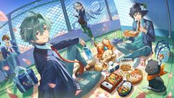  5boys absurdres aqua_eyes aqua_hair aqua_vest aranara_(genshin_impact) bag bento black_fur black_hair black_jacket bottle bread brown_hood cat crunchyroll drink_carton earrings flower food genshin_impact gradient_hair green_pants grey_pants hair_flower hair_ornament highres hime_(crunchyroll) holding holding_bento holding_bottle holding_food hood hood_up jacket jewelry lohen_(genshin_impact) long_hair male_focus melon_bread milk_carton multicolored_eyes multicolored_hair multiple_boys necktie onigiri pants razor_(genshin_impact) red_necktie red_pupils sandwich school_uniform shirt short_hair shoulder_bag single_earring smile taco teeth venti_(genshin_impact) vest water_bottle white_hair white_shirt yaoyaobae yuzu_(crunchyroll) 