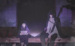  2girls araya_(project_moon) arr_1l backpack bag barefoot black_jacket black_pants blue_eyes blue_hair blue_kimono blush collared_shirt colored_inner_hair expressionless feet_out_of_frame food fruit highres holding holding_sketchbook holding_sword holding_weapon jacket jacket_on_shoulders japanese_clothes kicking_feet kimono limbus_company looking_down mother_and_child mother_and_daughter multicolored_hair multiple_girls outdoors pants parent_and_child project_moon projector randoseru ryoshu_(project_moon) sheath sheathed shirt shouji sitting sketchbook sliding_doors smile streaked_hair string string_of_fate sword watermelon watermelon_slice weapon white_shirt 