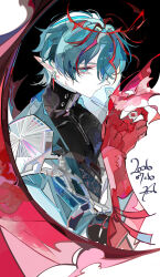  aqua_eyes aqua_hair arknights arknights:_endfield artist_name black_background black_jacket blue_jacket camille_(arknights) commentary dated earrings ezu_(e104mjd) halo high_collar highres jacket jewelry pale_skin pointy_ears red_halo ring twitter_username untranslatable_commentary white_background 