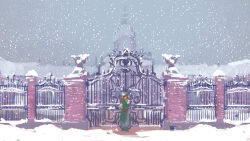  1girl commentary_request fence full_body gate green_hat green_skirt green_vest grey_sky hat highres hong_meiling long_sleeves mansion niy_(nenenoa) one-hour_drawing_challenge orange_hair outdoors pants scarlet_devil_mansion scenery shirt side_slit skirt sky snow snowing solo standing touhou vest wide_shot 