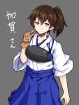  1girl brown_eyes brown_hair grey_background ishimu japanese_clothes kaga_(kantai_collection) kantai_collection muneate personification short_hair side_ponytail solo 