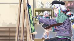  2girls :d akane_(getwild23) artist_name beret black_hat black_skirt black_suit blue_bow blue_bowtie bow bowtie collared_shirt colored_tips commentary_request gradient_hair hair_bow hair_ornament hat high_collar highres holding holding_paint_palette holding_paintbrush jacket jogasaki_noah long_hair long_sleeves mahou_shoujo_no_majo_saiban multi-tied_hair multicolored_hair multiple_girls musical_note open_mouth paint_palette paint_splatter paint_stains paintbrush painting_(action) painting_(object) pink_eyes pink_hair pleated_skirt polka_dot polka_dot_bow purple_jacket ribbon sakuraba_ema shirt short_hair signature skirt smile streaked_hair suit white_hair white_shirt x_hair_ornament yellow_eyes 