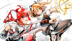  2girls a.i._voice adachi_rei ahoge armband black_pantyhose blush bow buttons cardiogram double-parted_bangs drill_hair energy_beam finger_gun firing grey_jacket grey_skirt hair_between_eyes headlamp highres jacket kasane_teto kasane_teto_(sv) long_sleeves mp777b multiple_girls one_eye_closed orange_armband orange_eyes orange_hair orange_trim pantyhose pointing radio_antenna red_eyes red_hair red_trim shoelaces shoes shoulder_belt shoulder_boards skirt sleeve_cuffs sneakers synthesizer_v thrusters twin_drills utau white_background white_bow white_jacket white_shoes 